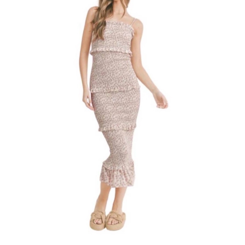 MABLE Sleeveless Strap Floral Print Smocking Midi Dress Small Tiered